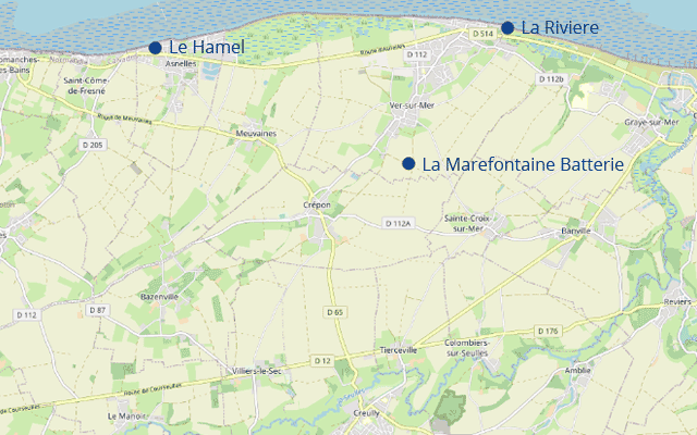 Map showing the 141st RAC D-Day landing beaches and La Marefontaine Battery