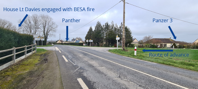 Annotated (March 2023) photo of crossroads from 141st Royal Armoured Corps attack on La Senaudiere