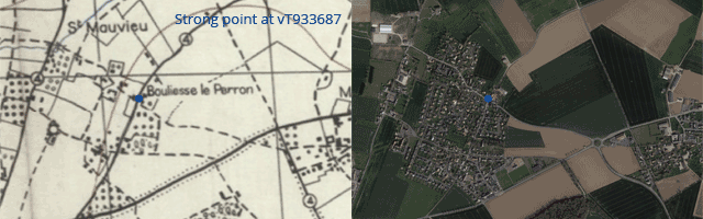 WW2 map and modern aerial image showing the location of the strongpoint at Manvieu