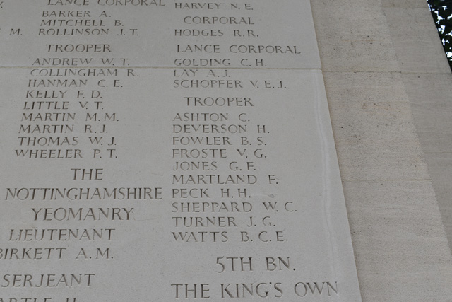Photo of Trooper B. Fowler's name engraved on the wall of the missing, Bayeux Memorial