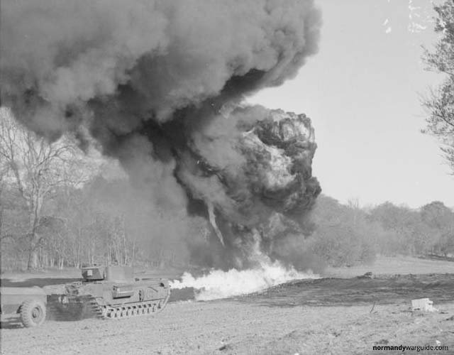 Churchill Crocodile Tank long flame, during trials at Eastwell Park 1944